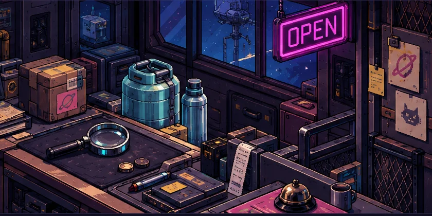 Original pixel-art pawnshop counter with an appraisal magnifier, parcels and a neon open sign